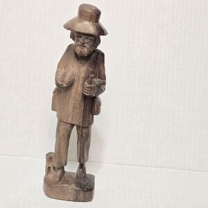 Rustic Hand Carved Wooden Man Figurine Fisherman Farmer with Dog